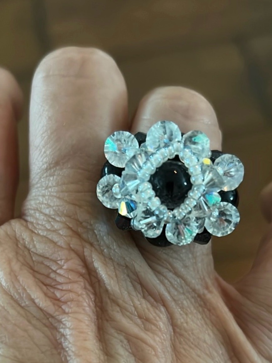 Crystal Flower Statement Ring - Black & Clear Chunky Stretchy Size 7 Handmade